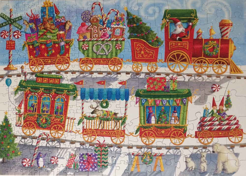 Brand: Cobble Hill Puzzle Company

Title: Christmas Train jigsaw puzzle

Artist: Ingrid Slyder 

Size: 26.6x19.25 

Pieces: 350 pieces