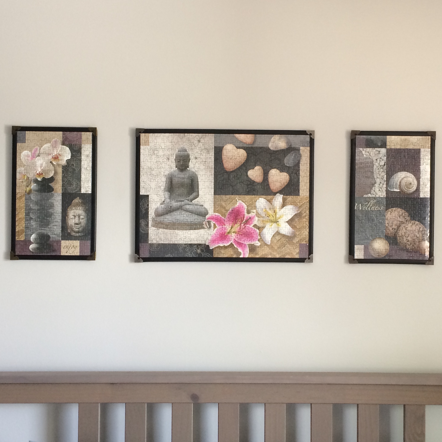 Brand: Ravensburger Triptych
Title: Triptych Wellness Puzzle (or Peace and Harmony)
Pieces: 1000
Size: Two jigsaws puzzles of 9.25" x 15" (23.5 x 38 cm) each and one jigsaw puzzle of 20" x 15" (51 x 38 cm) to total 38.5" x 15" (98 cm x 38 cm)